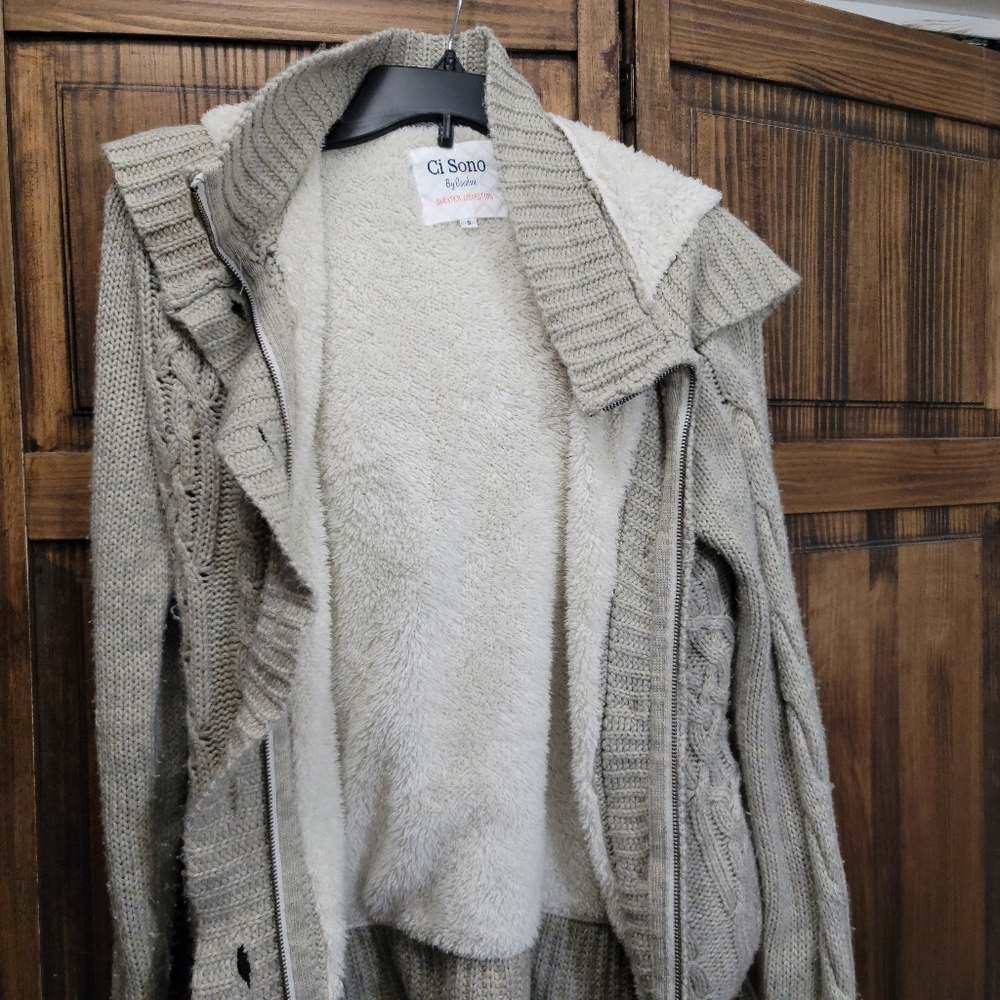 Ci Sono Beige Sherpa Knit Sweater With Zipper And Hood